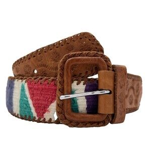 Lands' End Belt Guatemala Woven Tapestry Stamped Leather Colorful Vintage Sz 30